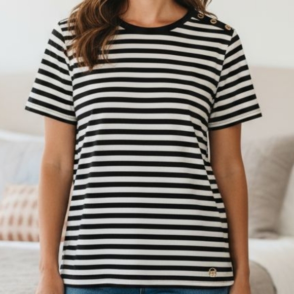 Michael Kors - Black & White Stripped Blouse, 3 Working Buttons On Left... - Picture 1 of 10